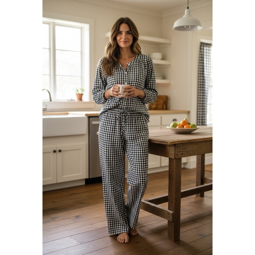 Flygo 2 Piece Black Gingham Cotton Women's S Farmhouse Cottage Core Lounge‎ PJ